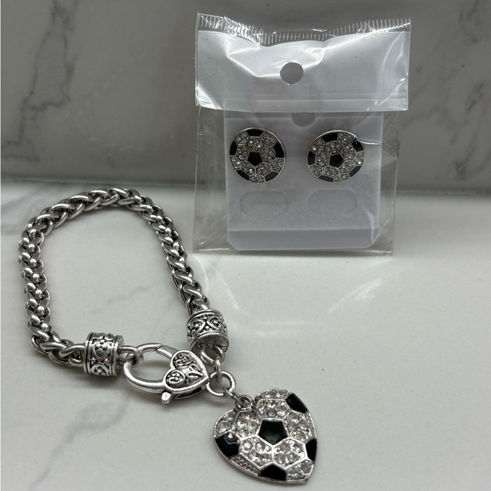 Silver Soccer Bracelet and Earring Set